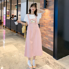 依鎏衣品孕妇装夏季韩版潮妈洋气孕妇套装T恤背带裙两件套纯棉短袖宽松休闲中长款 粉色套装 XL