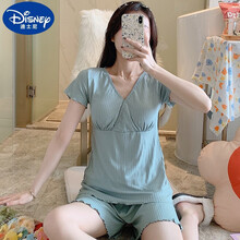 迪士尼同款高档品牌 莫代尔月子服夏季薄款7月份6短袖孕妇睡衣产后大码哺乳喂奶家居服 豆绿交叉短袖+短裤莫代尔 L(建议体重110-130斤)