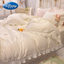 迪士尼官·方网同款（京选优品）公主风冰丝四件套夏季ins少女心丝滑裸睡床单被套床上用品夏天4件 奶白【凉感冰丝】 【床笠款】1.8m床四件套-适合200×230被子