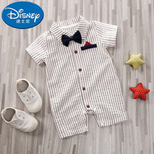 迪士尼(Disney)婴儿满月服百天周岁衣服百日照宴宝宝酒红礼服男连体衣薄款夏季装小孩子穿的 al黑白细纹领结哈衣 80cm