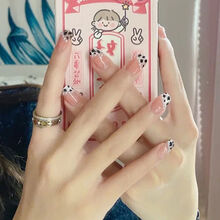 穿戴美甲贴片长短款手假指甲贴片可拆卸新款蝴蝶结甲片成品 珍珠豹纹短款 24粒极粘果冻胶+胶水+打磨棒