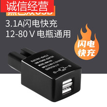 跃能适用于电动车手机充电器通用快充插头接口转换器摩托车36V48V60V72V 【3.1A黑色】快充双口12-80v 单插头-不配线