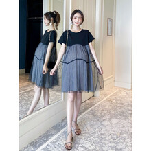 敏潮格伦孕妇连衣裙夏装新韩版短袖网纱拼接格子时尚宽松连衣裙 黑色 L