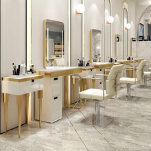 网红理发店镜台发廊烫染美发店潮款柜子一体双面镜影楼美容化妆桌 土豪金色单面镜 标配