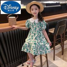 ℘迪士尼 (Disney)品牌女童碎花连衣裙夏装2021新款洋气女孩大童棉公主裙薄款儿童裙子 绿色 110cm