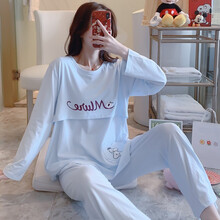 七采雏菊 春秋月子服纯色棉质孕妇睡衣产后哺乳喂奶衣大码孕妇装圆领套头运动休闲服夏四季款 211蓝色字母圆领套装 M码（80-110斤内合适）