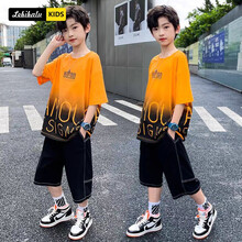 童装男童套装夏装2021年欧美风潮流宽松儿童套装短袖T恤加五分裤小男孩两件套夏季乐比巴鹿中大童二件套 橙色 160码-建议身高150CM