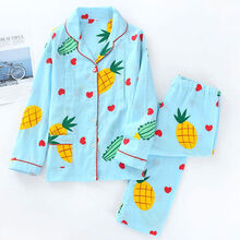 VISREA纱布月子服春夏季产后薄款喂奶衣大码孕妇哺乳睡衣春秋夏家居 蓝色西瓜菠萝 M(适合产后95-125斤)