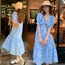 敏潮格伦孕妇装夏装网红雪纺长裙夏季潮妈宽松孕妇连衣裙高级夏天裙子 蓝色 XL