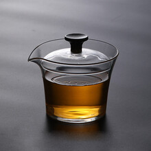 福雁坊 加厚玻璃盖碗家用办公功夫茶具透明泡茶杯单个茶艺茶海耐高温防爆不烫手茶碗带盖手抓壶泡茶器 玻璃木钮茗心盖碗200ML