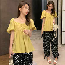 欣柏纶 孕妇装套装夏季夏款孕妇套装孕妇两件套外出外穿宽松大码孕妈装 黄色+波点裤 M