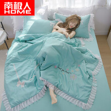 南极人ins小清新公主少女风夏凉被空调被四件套夏天可水洗冰丝夏被薄被子芯单双人夏季 绿百合 200*230夏被+床单+枕套一对（四件套）