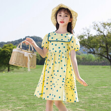 荷棠梦 女童连衣裙中大童夏天2021新款小女孩公主裙6女孩裙子9一12岁中小学生8韩版7网红10潮棉 黄色 150码 建议身高140-150cm