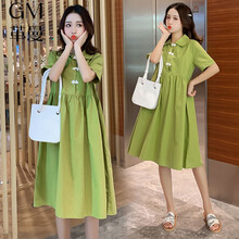 革曼 孕妇装2021夏装新款孕妇裙牛油果绿时尚潮妈宽松大码复古盘扣夏天裙子中长款 牛油果绿 XL