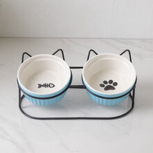 陶瓷猫碗 高脚护颈双碗固定架双碗防打翻宠物猫狗食盆水碗倾斜保护颈椎猫狗碗防外溅猫食盆猫咪水碗用品 蓝色双碗配黑色猫耳朵倾斜架一套