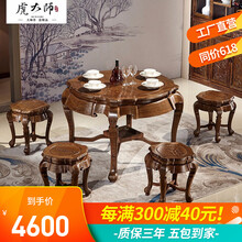 虎大师红木家具非洲鸡翅木（学名：非洲崖豆木）实木餐桌圆桌餐桌椅组合小户型饭桌餐台中式古典家具 直径1.08米配4凳