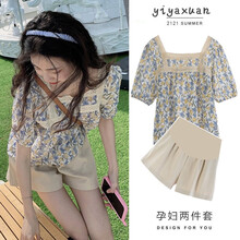 奕雅轩孕妇装夏装时尚裙子套装韩版宽松印花上衣外穿托腹打底裤短裤小个子孕妈两件套 花色上衣【孕妇款单件】 L