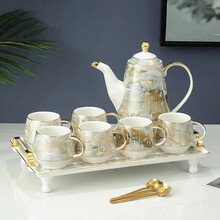 往饰如俏 北欧式咖啡杯套装陶瓷咖啡具小奢华家用水杯子简约下午茶茶具 809-6大理石纹一壶六杯+托盘（礼盒装）