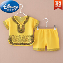 迪士尼旗舰官方店儿童汉服短袖夏季套装亚麻中式服装中国风改良古装男童宝宝唐装小孩子的 卡其色 上下印花黄色绵绸 4XL，建议身高110-120
