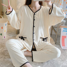 七采雏菊 春秋月子服棉孕妇睡衣产后哺乳喂奶衣宽松大码孕妇家居服韩版睡衣女 1965米白色套装 M码（80-110斤内合适）