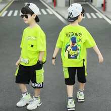 鼠米猫童装男童套装夏装2021新款韩版儿童套装中大童休闲帅气两件套男孩子洋气衣服3-15岁 绿色 140建议身高130厘米左右