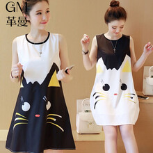 革曼 孕妇装夏装2021新款时尚猫咪印花无袖孕妇连衣裙中长款时尚潮妈夏天孕妇裙子 白色(无袖) XXL(建议140-160斤)