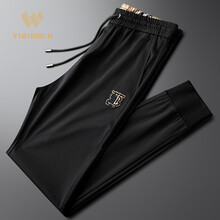 YIBINWEN 运动裤男潮牌英伦风刺绣休闲裤男修身透气夏季薄款小脚长裤男 黑色 29