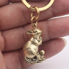 中国风铜饰纯黄铜钥匙扣生肖鼠挂件动物创意吊坠男女汽车挂饰礼品 古铜福鼠+2厘米圈