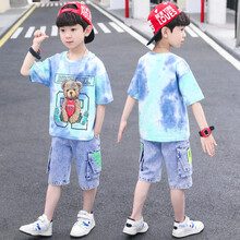 泽美伊童装男童套装夏装新款儿童T恤牛仔裤两件套8韩版男孩中裤2-12岁3男宝宝夏季休闲套装 蓝色 140(建议身高126-135cm)