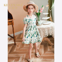 克伦莎品牌女童连衣裙夏季2021新款儿童装洋气公主裙宝宝吊带泡泡袖棉布裙子 仙人掌绿 130cm