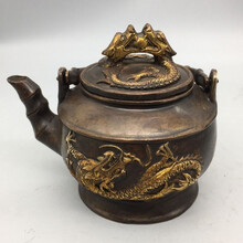 【曲美思】新品仿古铜器 收藏 二龙戏珠提壶水壶茶壶摆件 家居装饰用品摆设