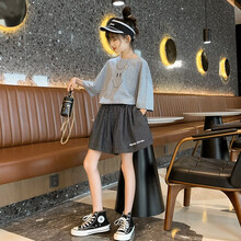 背包虎童装6女童夏装套装7儿童运动笑脸t恤阔腿短裤9两件套夏季中大童洋气4-15岁女孩网红夏天衣服 灰色 160码建议身高150cm左右