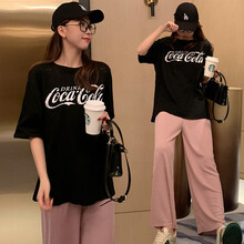 小兀 孕妇装套装夏季夏款孕妇套装孕妇两件套外出外穿宽松大码孕妈装 黑色+灰色裤子 M