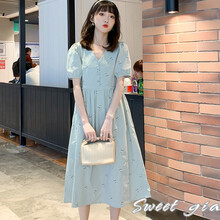 敏潮格伦孕妇装夏装连衣裙夏季长款小清新过膝长裙怀孕期刺绣大码夏天裙子 花色 XL