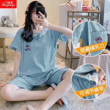 巧娇琪纯棉孕妇睡衣短袖夏季产后哺乳喂奶衣夏天月子服薄款产妇可外穿家居服套装 YXY2603蓝色 3XL码建议150-170斤