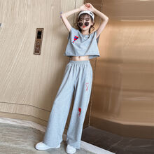 女童套装夏装运动洋气儿童女孩大童女13岁12岁夏季阔腿裤两件套潮【6月19日发完】 灰色 套装 160 CM左右