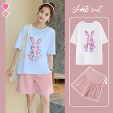 敏潮格伦孕妇装夏套装时尚款潮妈2021新款连衣裙夏装产检网红遮肚减龄上衣 白色+827粉色短裤套装 M