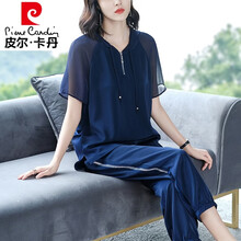 皮尔卡丹轻奢高档女装 休闲裤套装高端真丝运动套装女夏装欧洲站时尚休闲大码桑蚕丝两薄款针织 藏青色 L