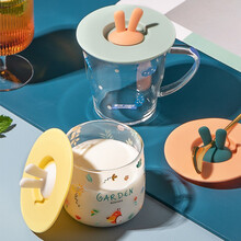 半房 兔耳马克杯盖可爱通用大口径食品级硅胶防尘水杯盖单卖盖子 珊瑚粉绿兔子-10cm