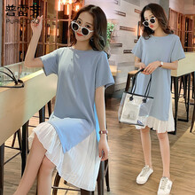 普雷芳孕妇装夏装新款潮妈时尚款遮肚子洋气孕妇连衣裙2021辣妈夏天短袖孕妇裙子 蓝色 XXL