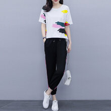 雁皇YESHON品牌哈伦裤套装女2021夏季新款女装时尚潮牌宽松洋气休闲运动服套装 白衣+黑裤 S