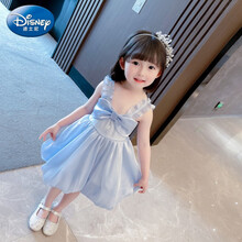 迪士尼童装爱莎公主裙女童连衣裙夏装2021新品儿童冰雪奇缘艾莎公主裙小女孩蝴蝶结吊带暮云纱女宝宝礼服 迪士尼官方旗䚀店-天蓝色 迪士尼官方旗䚀店-90(建议身高80厘米)
