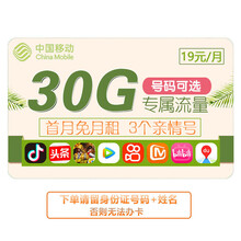 中国移动 移动卡流量卡纯流量卡电话卡靓号 移动卡号大王卡学生卡 花卡宝藏卡30G专属流量+3个亲情号+首月免月租