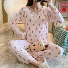 弹性莫代尔棉套头月子服春夏季薄款产后5月份6夏天7哺乳孕妇睡衣 粉色小熊套头-莫代尔 L(合适产后125-145斤左右穿)