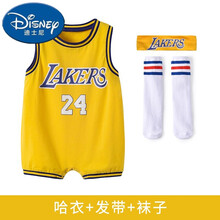 迪士尼新品婴儿连体衣夏装宝宝无袖背心短爬小宝宝篮球服新生儿运动服夏爬服 黄色24号+发带+袜子 90cm(90/5218-24个月80-90厘米2