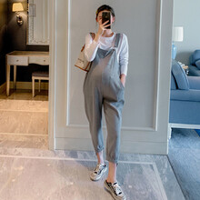 麦士豆背带裤女孕妇春夏季潮妈怀孕晚期外穿宽松大码洋气托腹裤子套装秋 灰背带裤 M