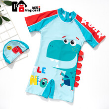 哈珀芮品牌新款儿童泳衣男童连体泳裤男孩中大童小童宝宝可爱卡通花边游泳装 彩色蓝恐龙(泳帽+连体泳衣) 85-95(2-3岁)