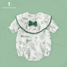modomoma新生婴儿用品衣服满月哈衣初春夏纯棉森林绿女宝宝公主花边翻领连体爬服 荷叶领领结短袖爬服 73cm【建议6-9个月】