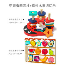 几何形状四套柱积木益智力1宝宝2早教3岁4婴儿童配对认知玩具 甲壳虫四套柱+磁性水果切切乐