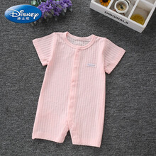 ℘Disney/迪士尼 婴儿连体衣夏季短袖薄款纯棉空调服新生宝宝夏装爬服哈衣夏天衣服 短袖闭裆竖条粉色 59码【0-2个月】